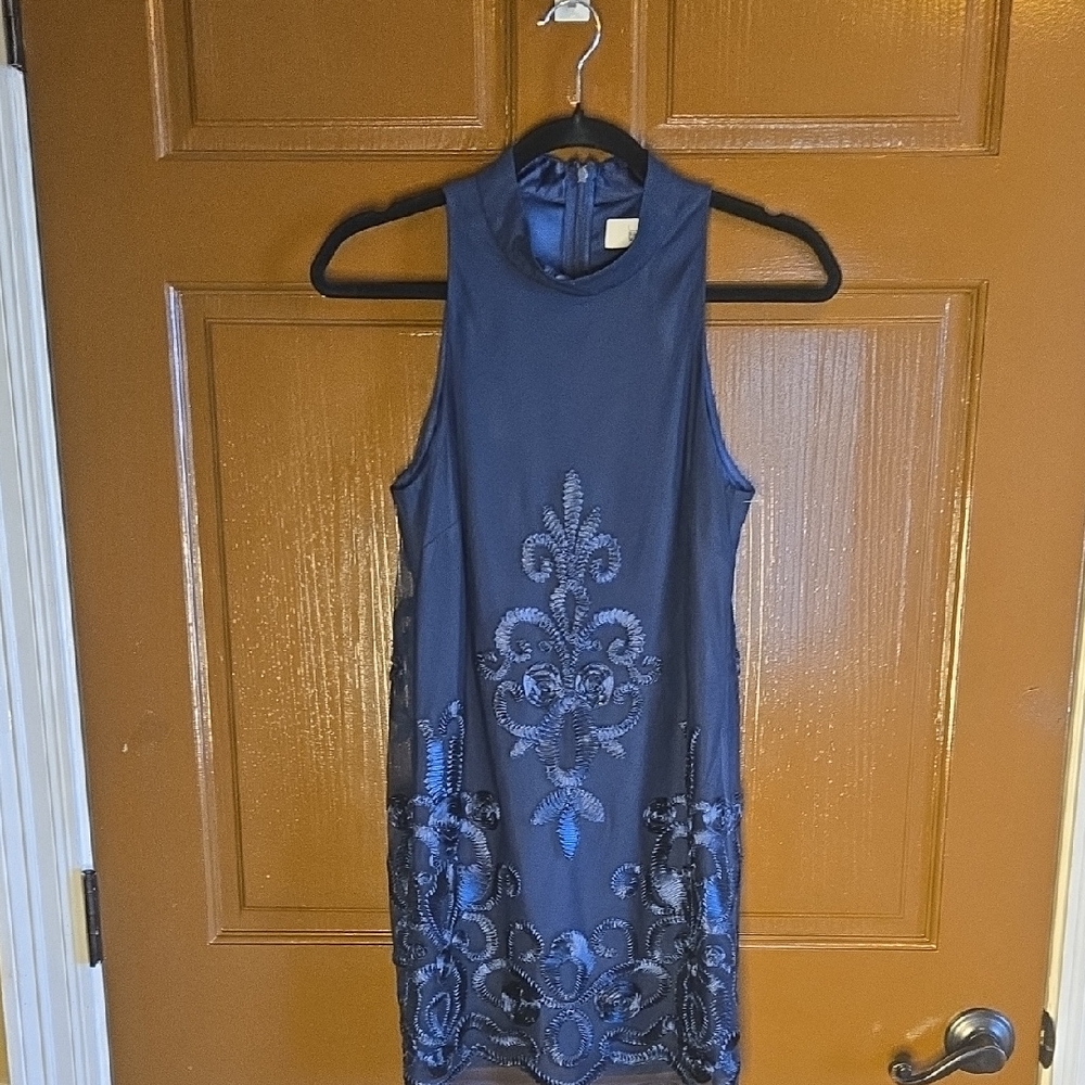 Badgely Mischka-Navy net high neck top with embroidered detail and slits Sz 4.